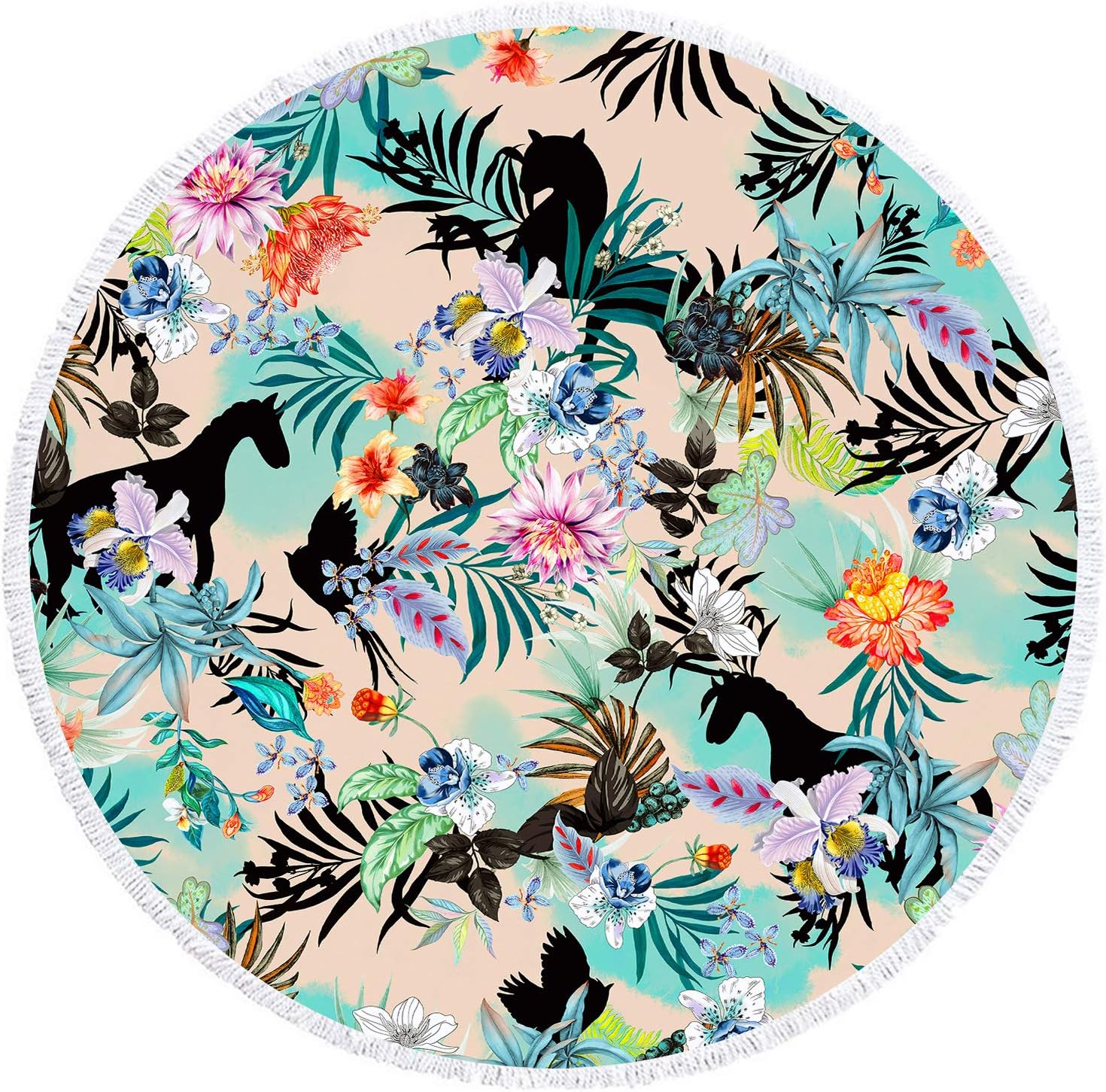 YAXIUFEN 29 Options Thick Soft Super Water Absorbent Multi-Purpose 60 inch 3D Printing Large Round Beach Towel Circle Picnic Carpet Yoga Mat Blanket with Tassels (Flower Horse)