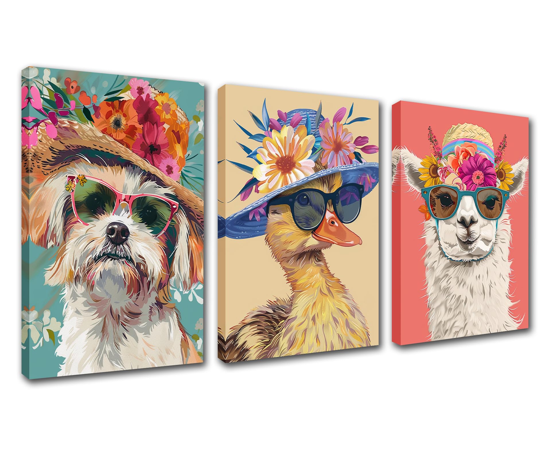 Animals with Straw Hat Canvas Wall Art for Living Room Decor 3 Pieces Dog Duck Alpaca Wear Sunglass Wall Decor Artwork Lovely Animals Flowers Paintings Home Room Wall Pictures Framed 42''Wx20''H
