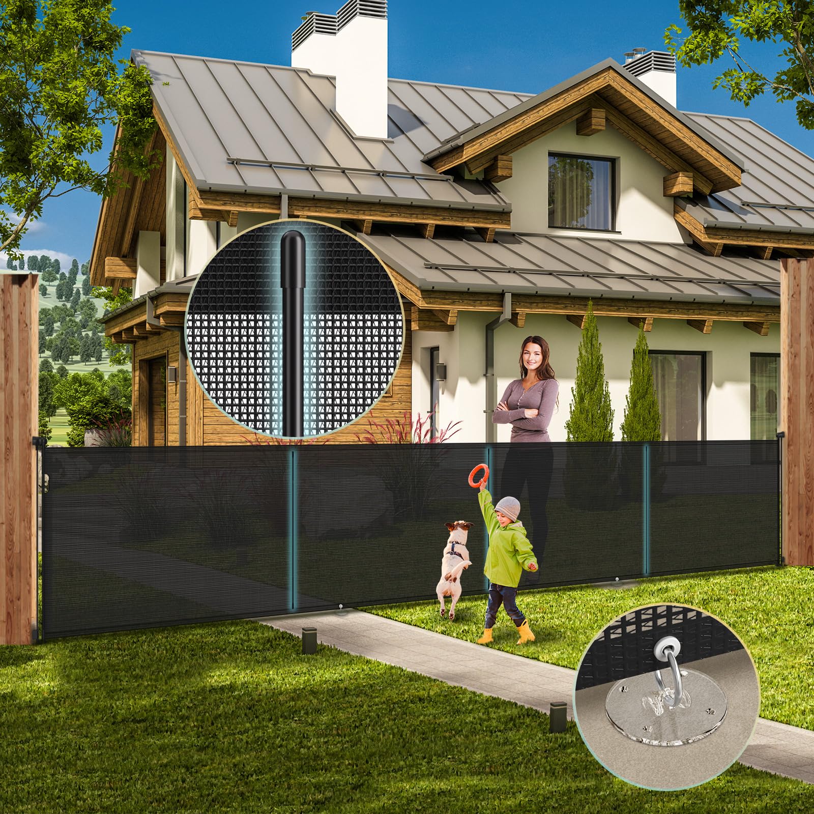 Photo 1 of 180'' Retractable Baby Gates Extra Wide,42" Extra Tall Retractable Dog Gate for Doorways,Safety Upgrade 15 Foot Extra Long Retractable Baby Gate for Stairs, Black Indoor/Outdoor Retractable Gate