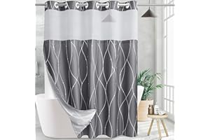 KONZENT Grey White Striped Fabric Shower Curtain with Snap in Removable Liner for Bathroom Bathtubs,Hotel Shower Curtain and Liner Set with See Through Mesh Top Window,Machine Washable (71"W X 74"H)