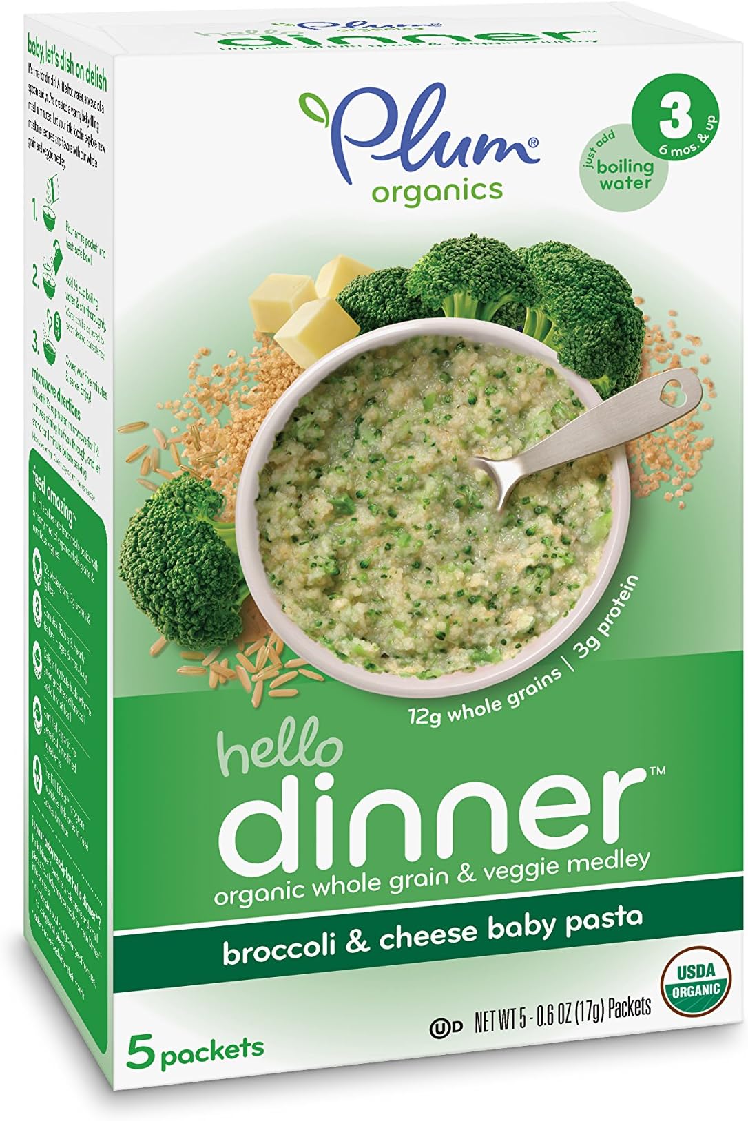 Plum Organics Baby Hello Dinner, Broccoli and Cheese Baby Pasta, 5-0.6 Ounce Packets