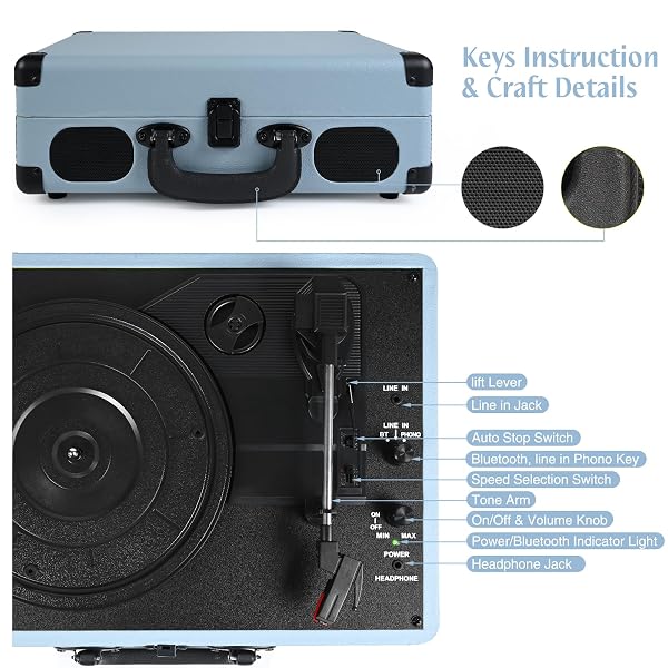 PORTABLE SUITCASE RECORD PLAYER, 3-SPEED BELT-DRIVEN VINYL TURNTABLE WITH BLUETOOTH, BUILT-IN SPEAKERS, RCA LINE OUT, AUX, HEADPHONE JACK, VINTAGE HAZE BLUE