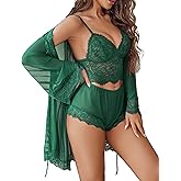 Avidlove Women Sexy Lingerie Set 3 Piece Lace Bralette and Panty Sets With Mesh Kimono Robe Sleepwear Exotic Nightgown