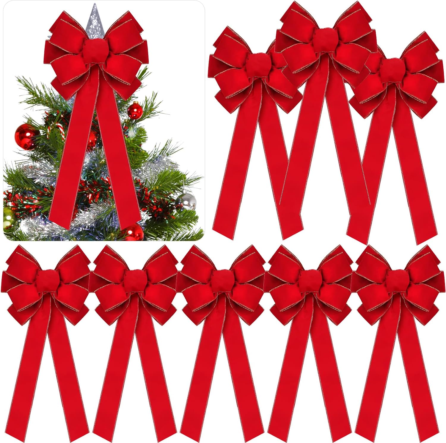 Bows & Ribbons - Yinkin 15'' x 44'' Extra Large Christmas Bow Bulk Ribbon Velvet Wreath Bows with Gold Edge Christmas Handmade Tree Topper Ornament for Gift Wrapping,Xmas Outdoor Indoor Home Decor (Red,8 Pcs)