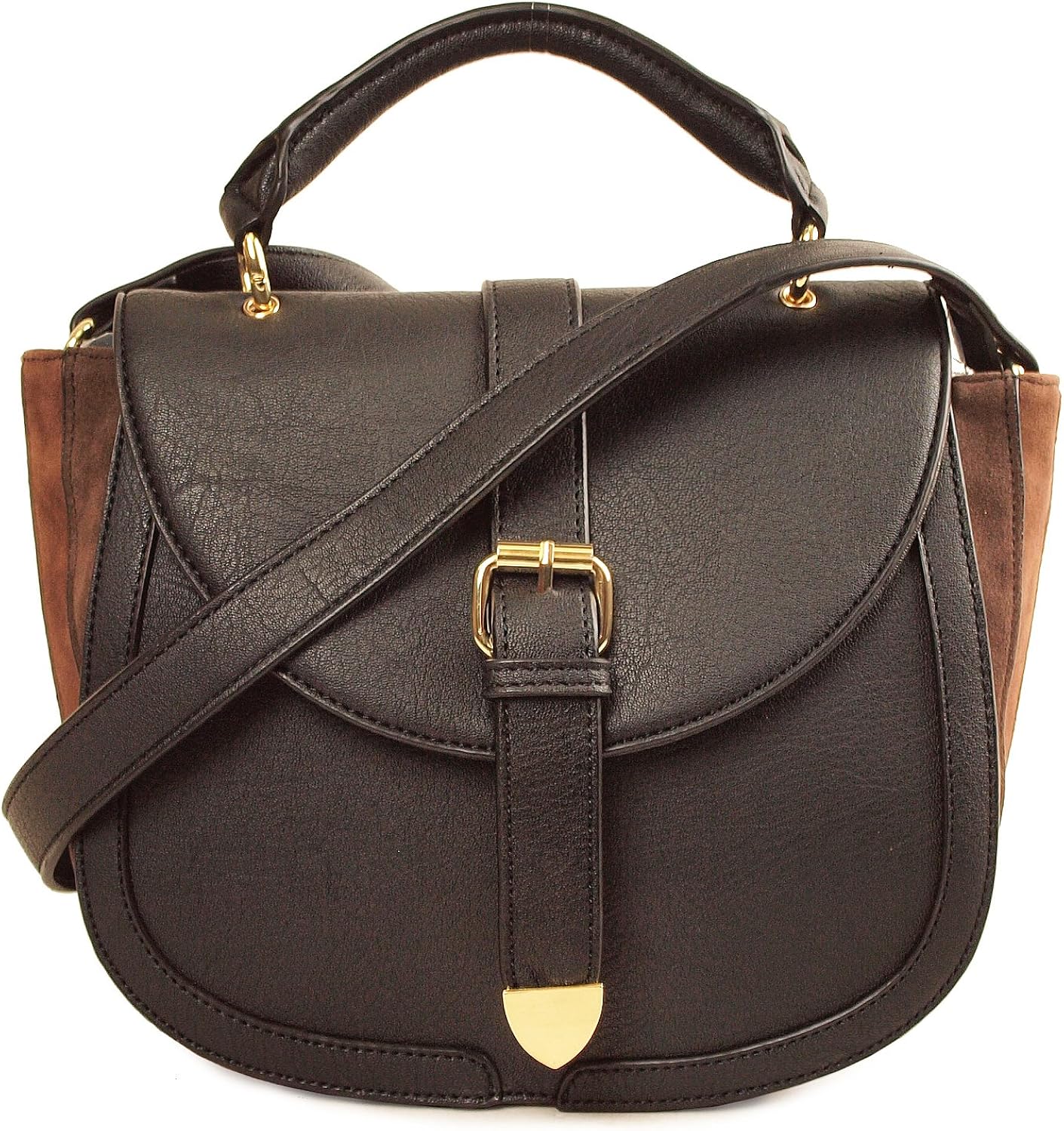 Imoshion Women's Saddle Satchel Genuine Black Faux Suede Gusset Leather