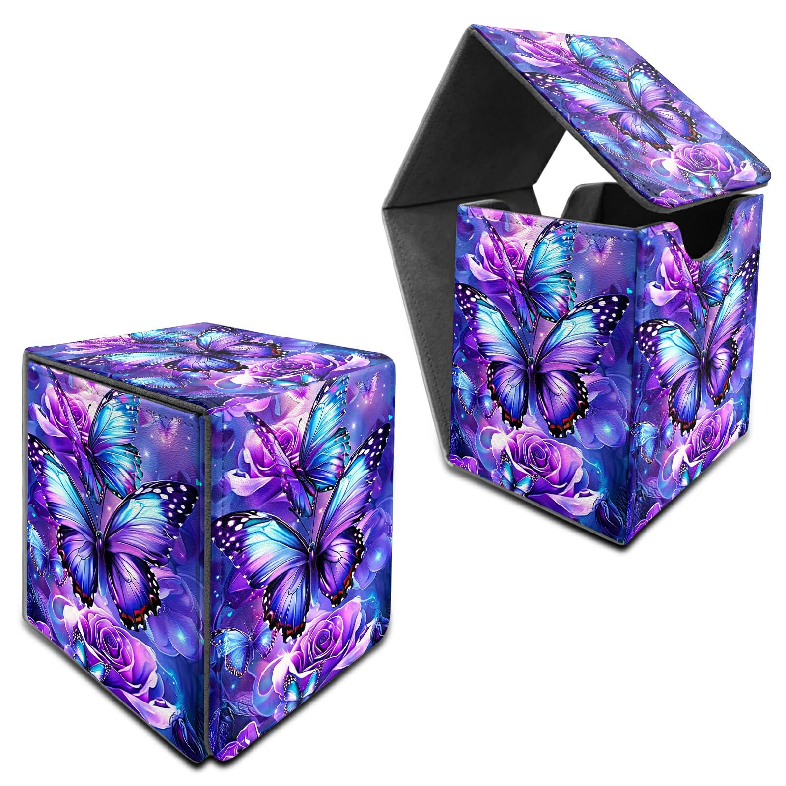 RWUTYTIUL for MTG Commander Deck Box, Card Storage Box Fits 100+ Sleeved Cards, PU Leather Large Size Strong Magnet Card Deck Case Holder for Board Game Magic MTG TCG CCG, Purple Butterfly Flower