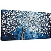 SSNEEKNDG Blue Tree of Life Wall Art for Bedroom White Flower Tree Large Artwork for Living Room Office Kitchen Modern Aesthetic Pictures Canvas Prints 20"x40"