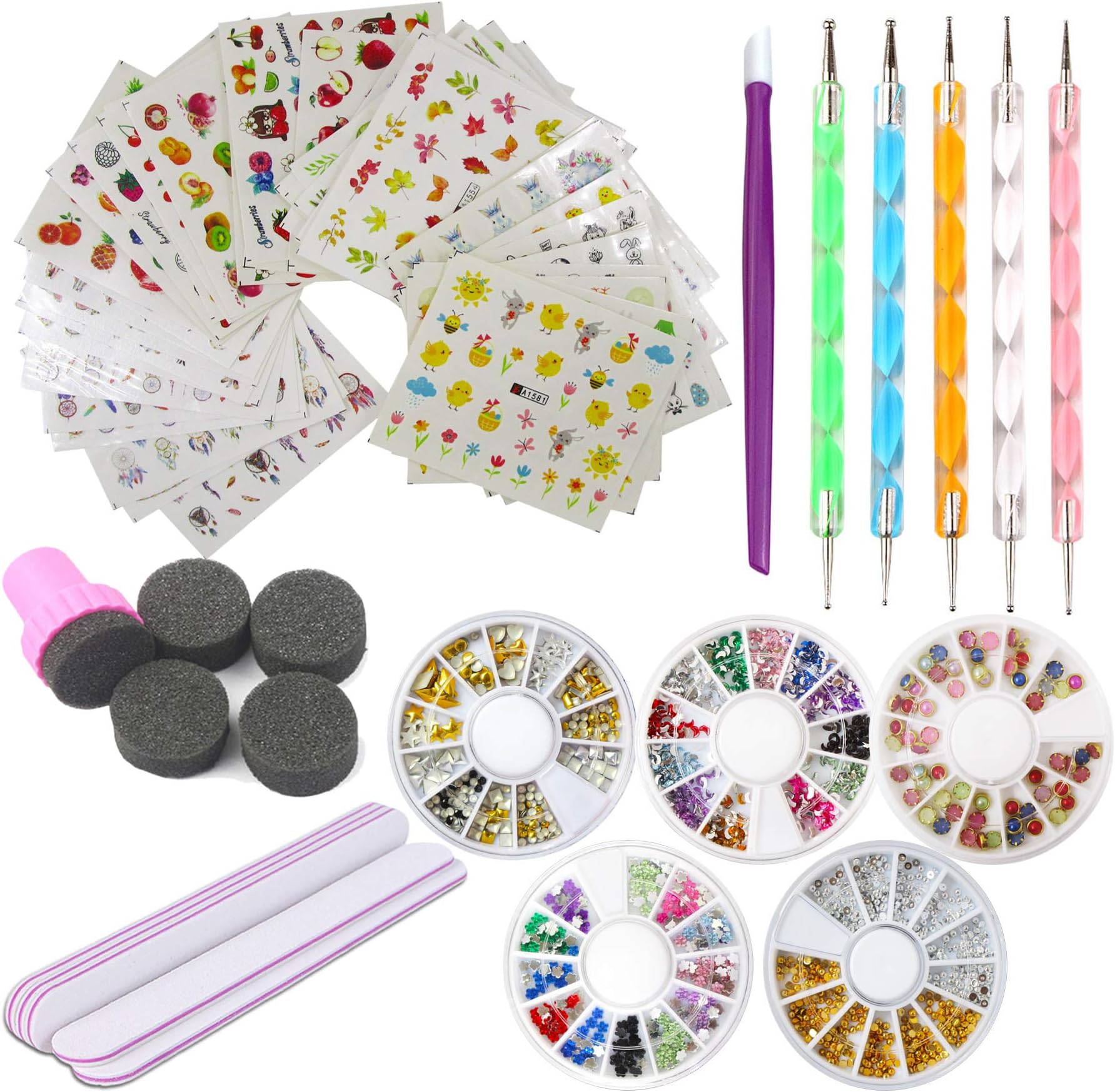 LuckForever Nail Art Tools Decoration Manicure Kit Set 48 Sheet Water Nail Decals Stickers,5 Boxes Nail Beads Rhinestones Stone Gold Metal Studs,5 Nail File Sticks,5 Dotting Pen,Stamping Sponge Pusher