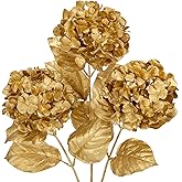 Hollyone 3Pcs Christmas Flowers Gold Artificial Hydrangea Flowers 26.8inch Fake Hydrangea Flower Floral Arrangements Bouquets Xmas Faux Hydrangea Stems Wedding Party Centerpieces Christmas Home Decor