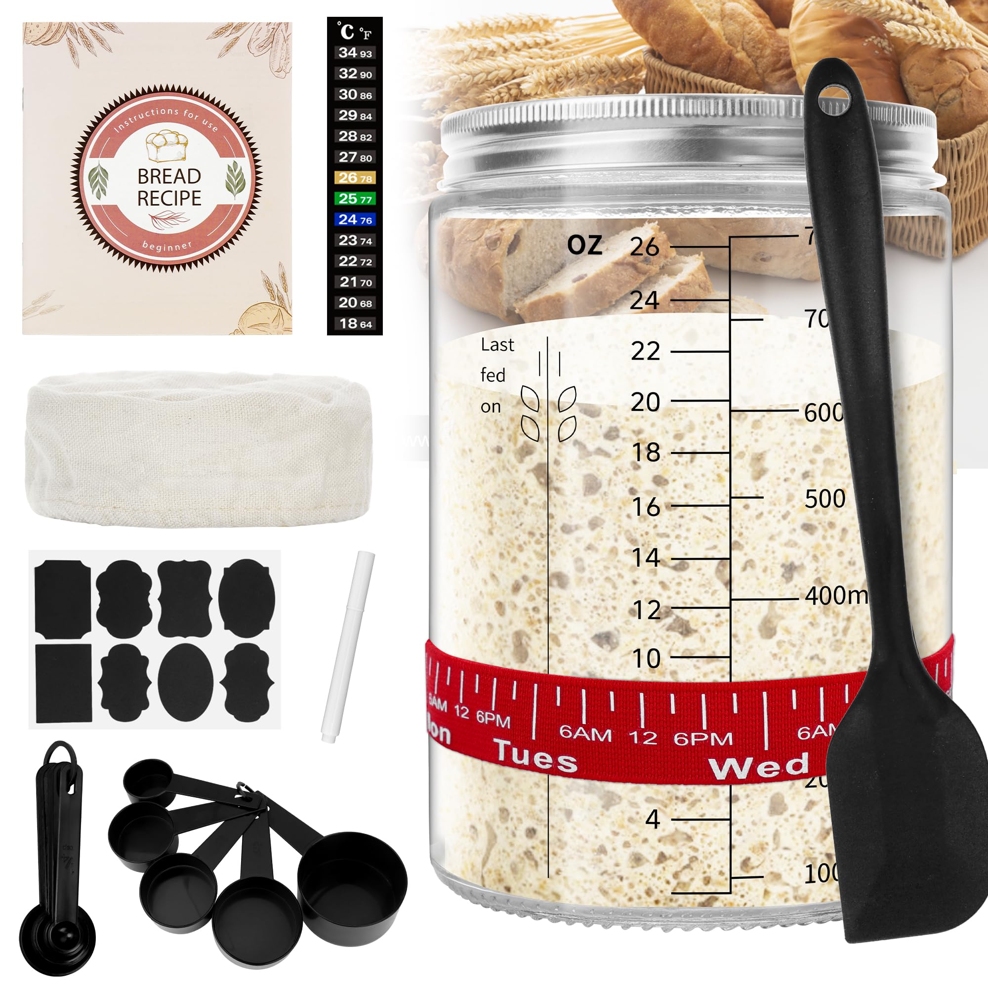 Meetory Sourdough Starter Kit, 770ml Sourdough Starter Jar with Recipes and Instructions, Thermometer, Feeding Date Band, Silicone Scraper, Cloth Cover, Metal Lid, Measuring Spoons, Labels and Pen
