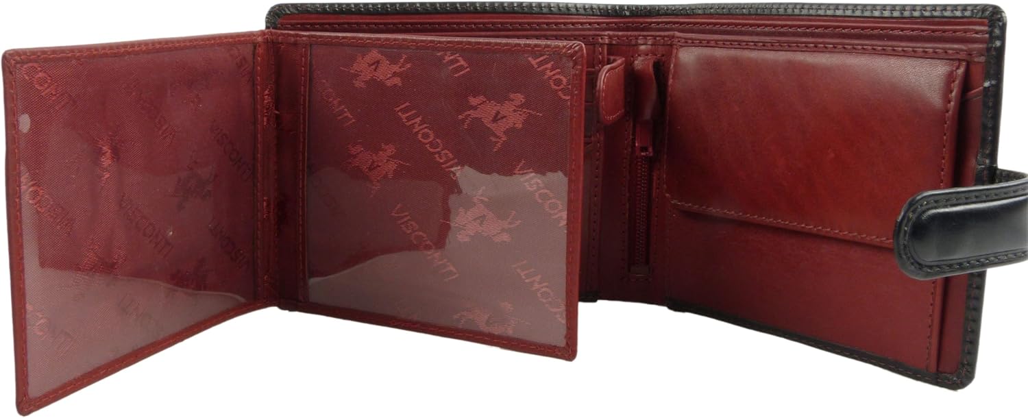 Visconti Leather Mens Tri Fold Wallet Torino Collection Black Red - Image 5