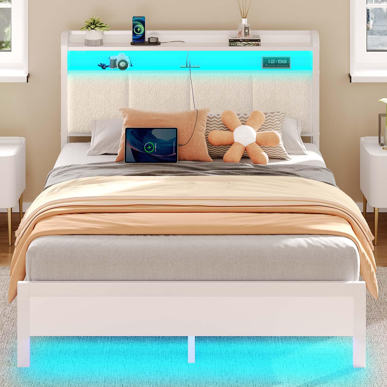 Photo 1 of ***PARTIAL SET***Rolanstar Bed Frame Full Size with Charging Station and LED Lights, Upholstered Headboard with Storage Shelves, Heavy Duty Metal Slats, No Box Spring Need, Noise Free, Easy Assembly, White