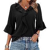 siliteelon Blouses for Women Dressy Casual 3/4 Sleeve Ruffle Bell Top Ladies Business Work Shirt Fashion Clothing Trendy