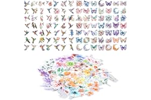 Hoxfly 150pcs Flower Stickers, Transparent Butterflies & Hummingbirds Stickers, Waterproof Decorative Stickers for DIY Scrapb