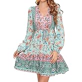 R.Vivimos Women's Cotton Long Sleeves V-Neck Button Up Floral Print Bohemian Flowy Mini Dress