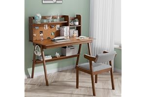DELAVIN 39.37" Kids Desk and Chair Set, Solid Wood Desks with Drawers for Children, Desk Hutch with Cork Bulletin Board, Computer Desk with Chair, Walnut