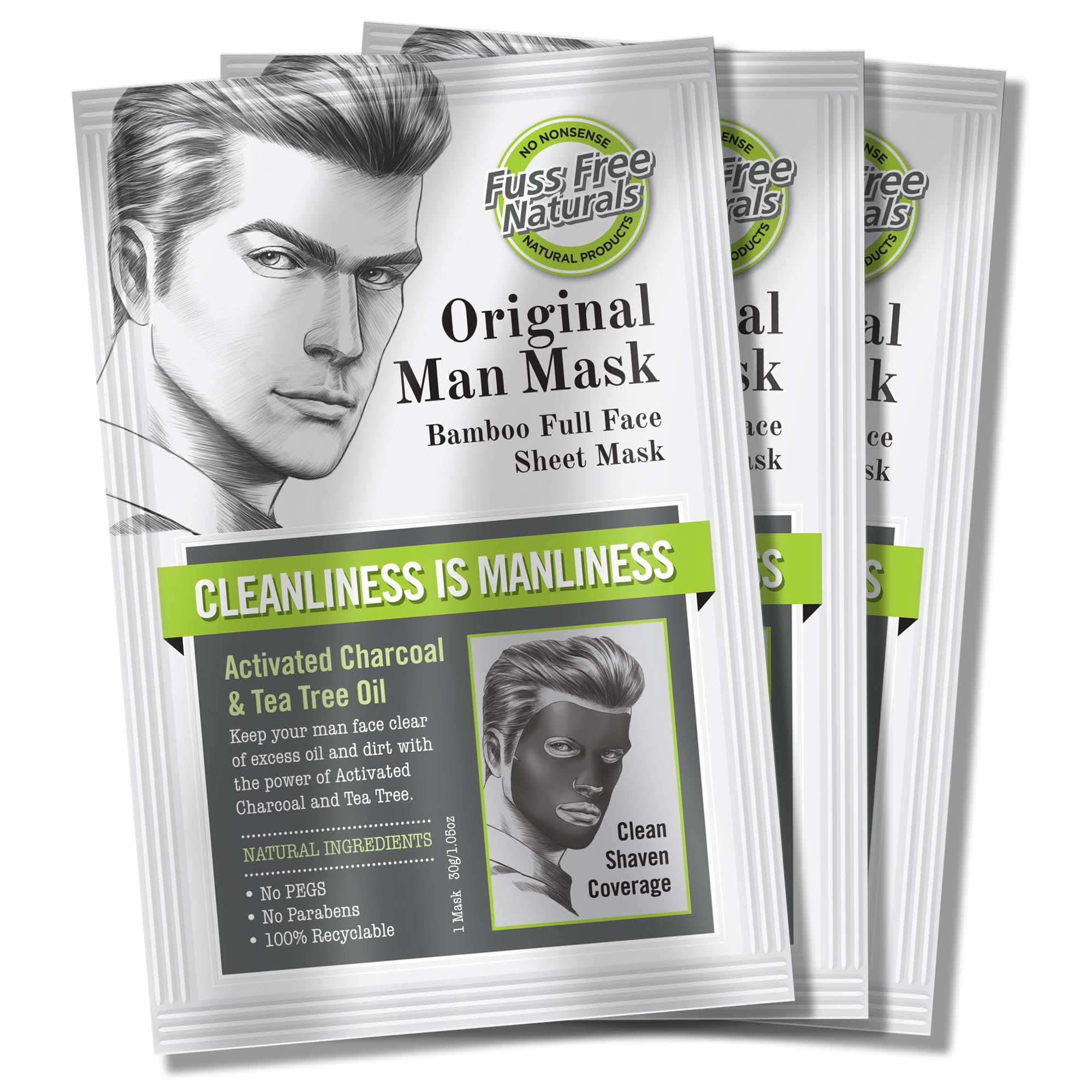 Fuss Free Naturals Sheet Face Mask for Men, Mens Skincare Bamboo Sheet Mask, Cleanse and Detox With Tea Tree + Activated Charcoal, For Clean Shaven Men - Pack of 3 Sachets