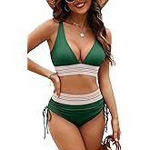 Adisputent Womens High Waisted Bikini Sets Color Block Swimsuit V Neck Tummy Control Swimwear Drawstring 2 Piece Bathing Suit