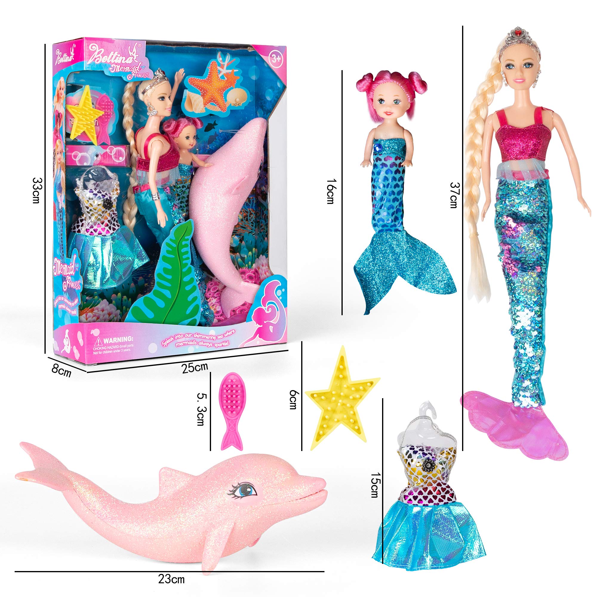 Princess Doll with Little Mermaid & Pink Dolphin Playset, Blonde Hair Dolls Toys with Accessories, Gift for 3 to 7 Year Old Girls