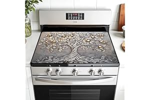 AOHMPT Multi-Design Stove Top Cover for Glass/Electric Stoves - 3-in-1 Heat-Resistant Protector Mat, Non-Slip Drying Rack 28"x20" (Silver Fruit Tree, 28"L x 20"W)