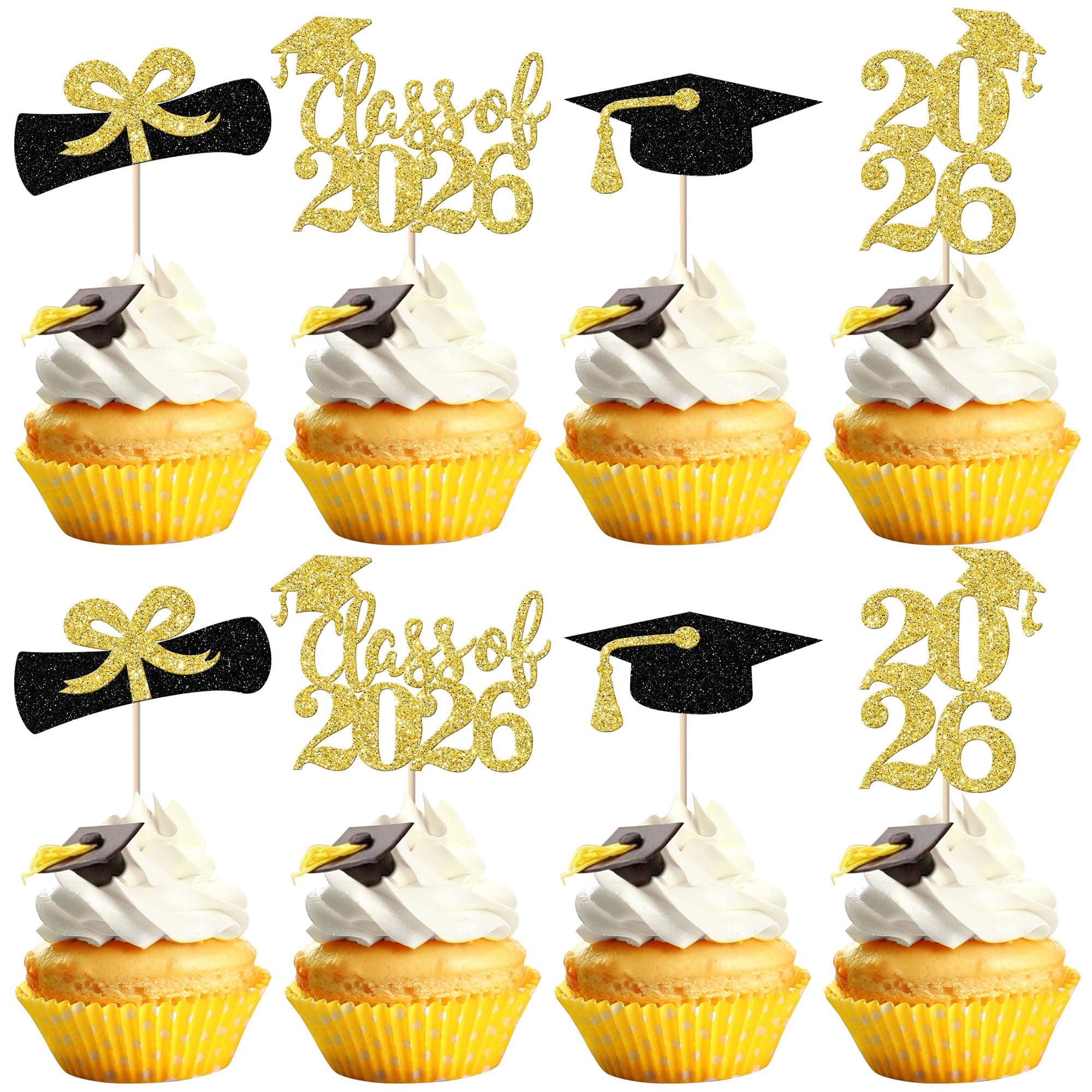 SYKYCTCY 24 Pack Class of 2026 Cupcake Toppers Glitter 2026 Graduation Diploma Grad Cap Cupcake Picks for Graduation Theme School Graduate Party Cake Decorations Supplies Gold — image 1