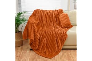 Bnuitland Burnt Orange Flannel Throw with Storage Pouch,300GSM Super Soft Fleece Stripe Pattern Sofa Blanket for Babys and Kids, Lightweight Cozy Bed Throw for Home Decor All Season