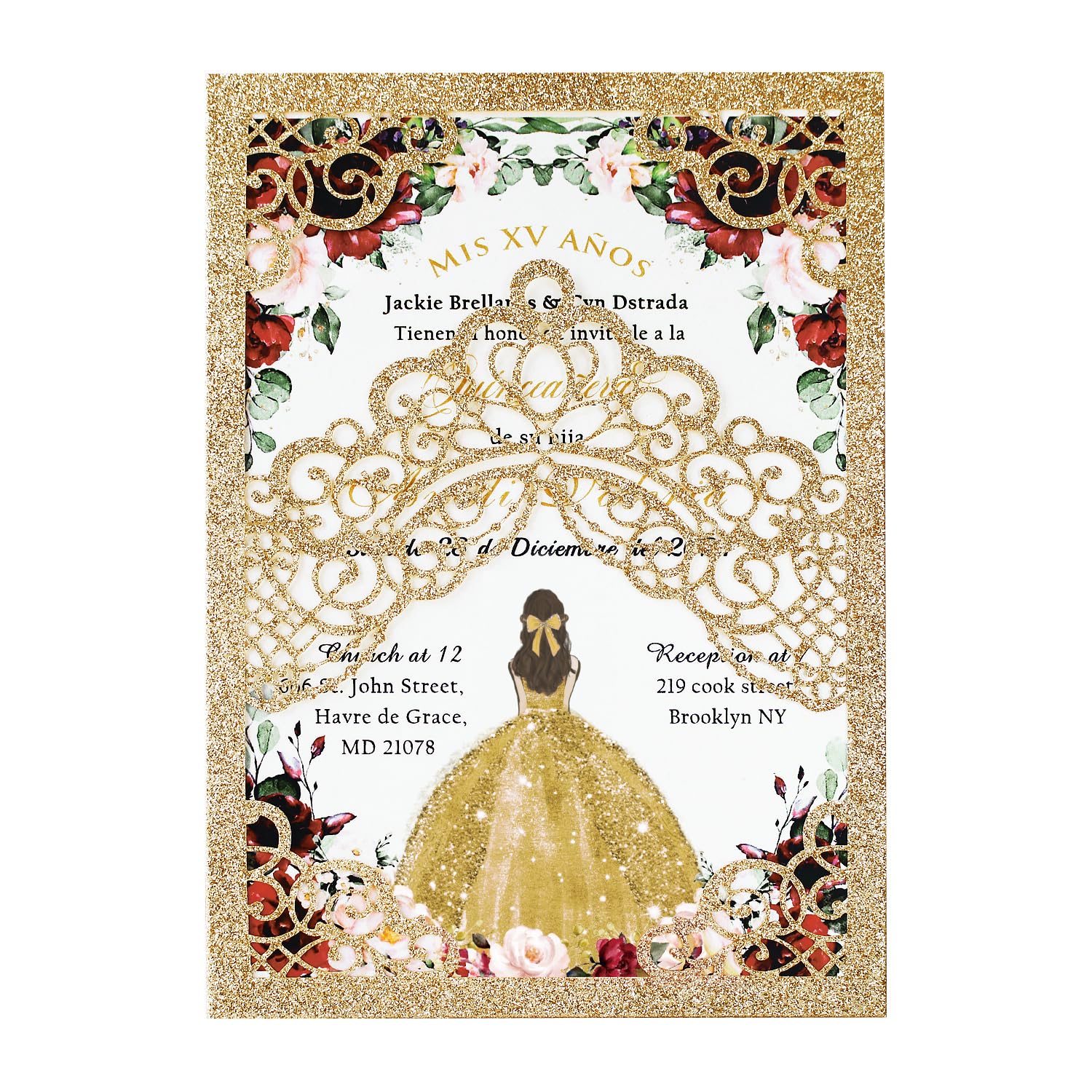 Photo 1 of Hosmsua 50PCS Blank Gold Glitter Quinceanera Invitations with Envelopes, 5.1x7.3 Inch Laser Cut Floral Crown Pocket Invitation Cards for Quinceanera Birthday Quince Anos Invite