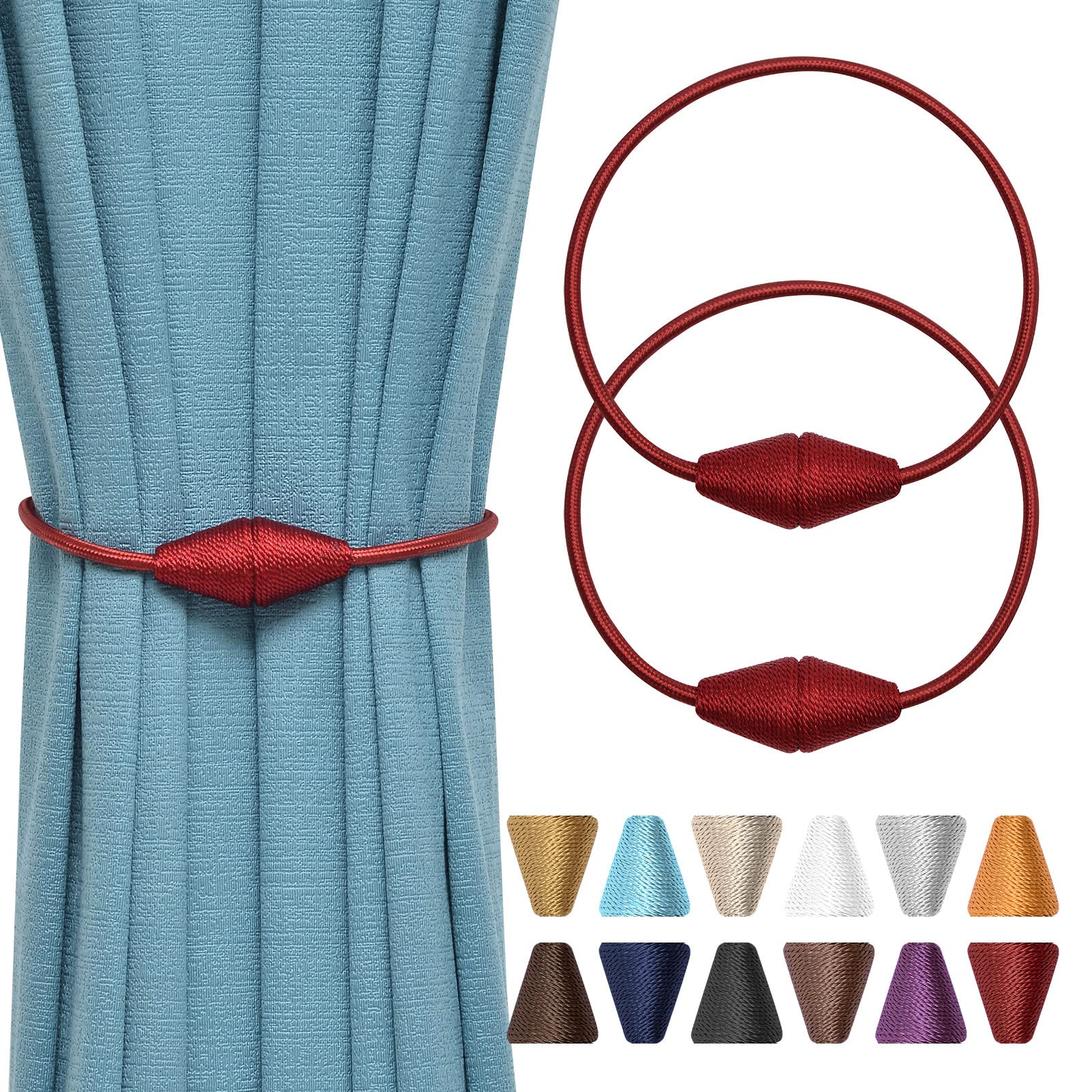 Photo 1 of NICEEC 2 Pack Upgrade Magnetic Curtain Tiebacks 16 Inch Handmade Weave Rope Curtain Holdbacks Convenient Decorative Cone Curtain Drape Tie Backs for Home & Office Window Drapery (Red)