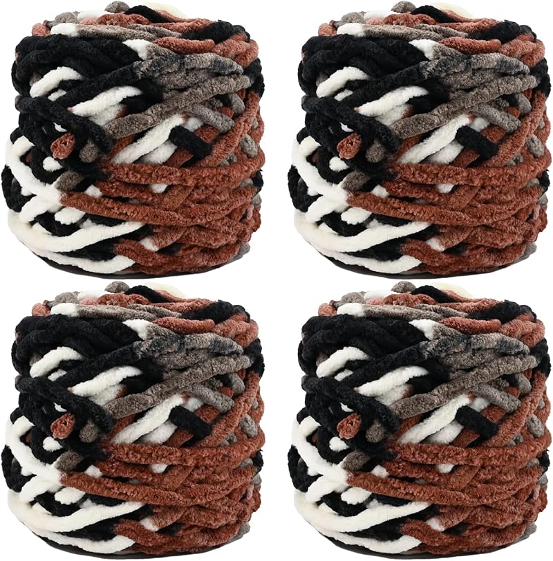 TSLBW Knitting Wool Yarn 4 x 100g Multi Coloured Soft Chunky Chenille Yarn