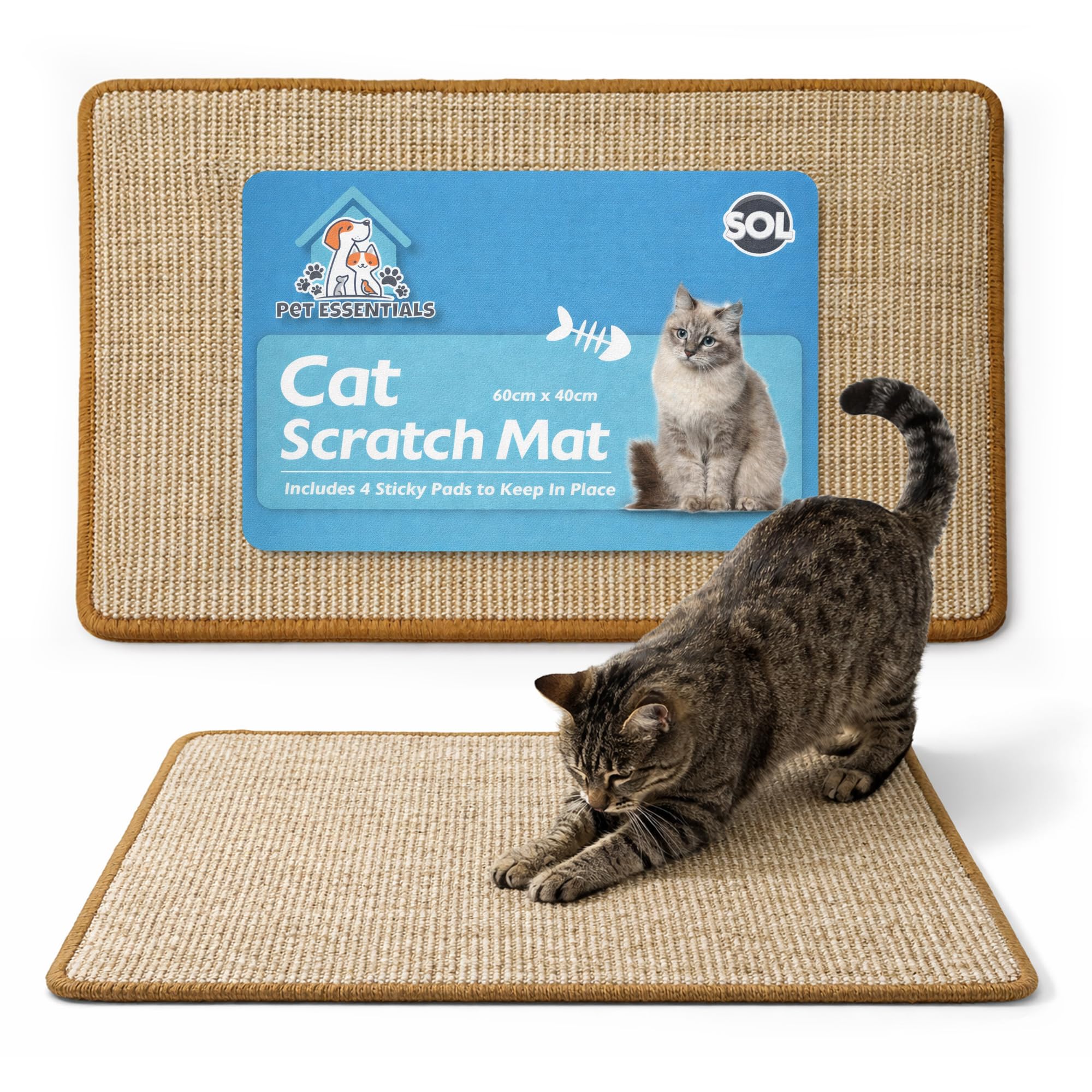 SOL Cat Scratching Mat 60cm x 40cm, Cat Scratcher Pads Made from Durable Sisal Fabric with Anti-Slip Backing, Protection for Furniture Sofa, Encourages Scratching for Kitten Play, Claw Maintenance