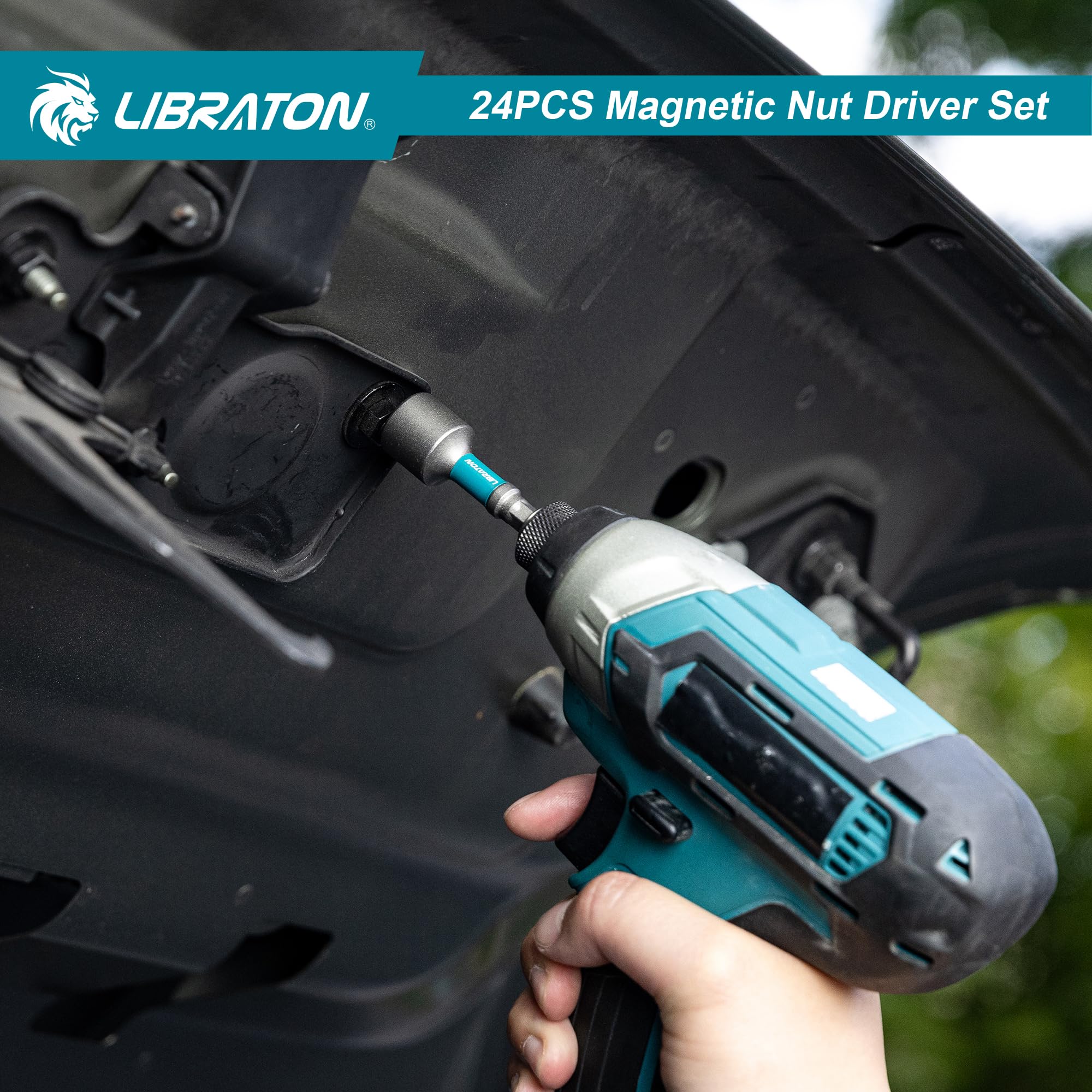 LIBRATON 24 Magnetisches Steckschlüssel-Set, Schlagbohrschrauber-Bit-Set 1/4 Zoll, Metrische und SAE Magnet Stecknuss für Schlagbohrmaschinen, Stecknuss Adapter, Bithalter, Bohrer, mit Werkzeugkasten 9