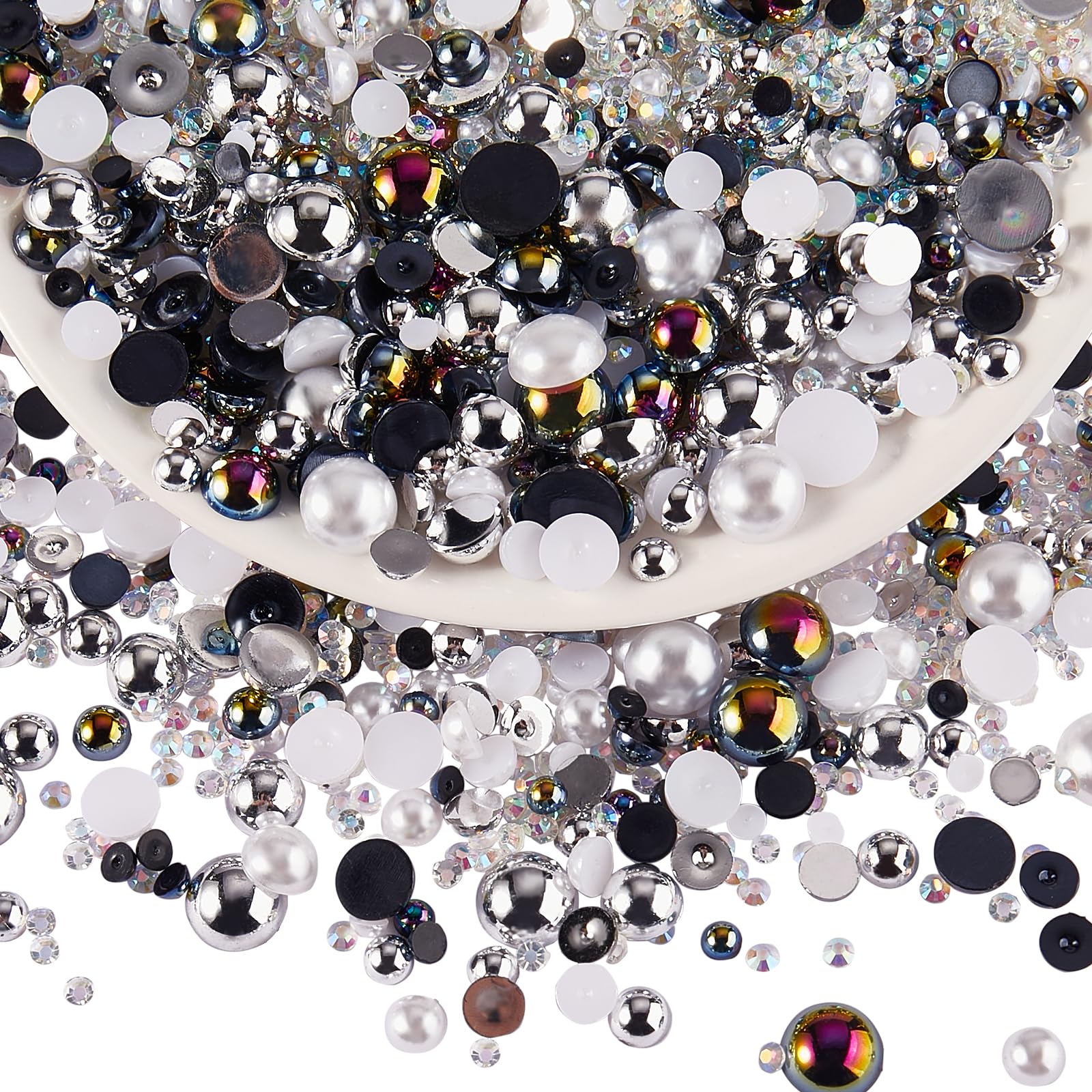 BEEFLYING 60g Mix Flatback Pearls & Resin Rhinestones Half Round Pearl Beads for Crafts 3mm-10mm Half Pearl Rhinestone for Face Art Tumblers Bottles Clothes Gift Card Jewelry Decor(Silver Black)