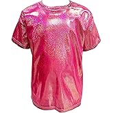 ZHIMYU Kids Boys Girls Shiny Metallic Dance T-Shirt Short Sleeve Jazz Hip Hop Modern Dance Performance Costume Loose Tops (US, Age, 5 Years, Rose Red)