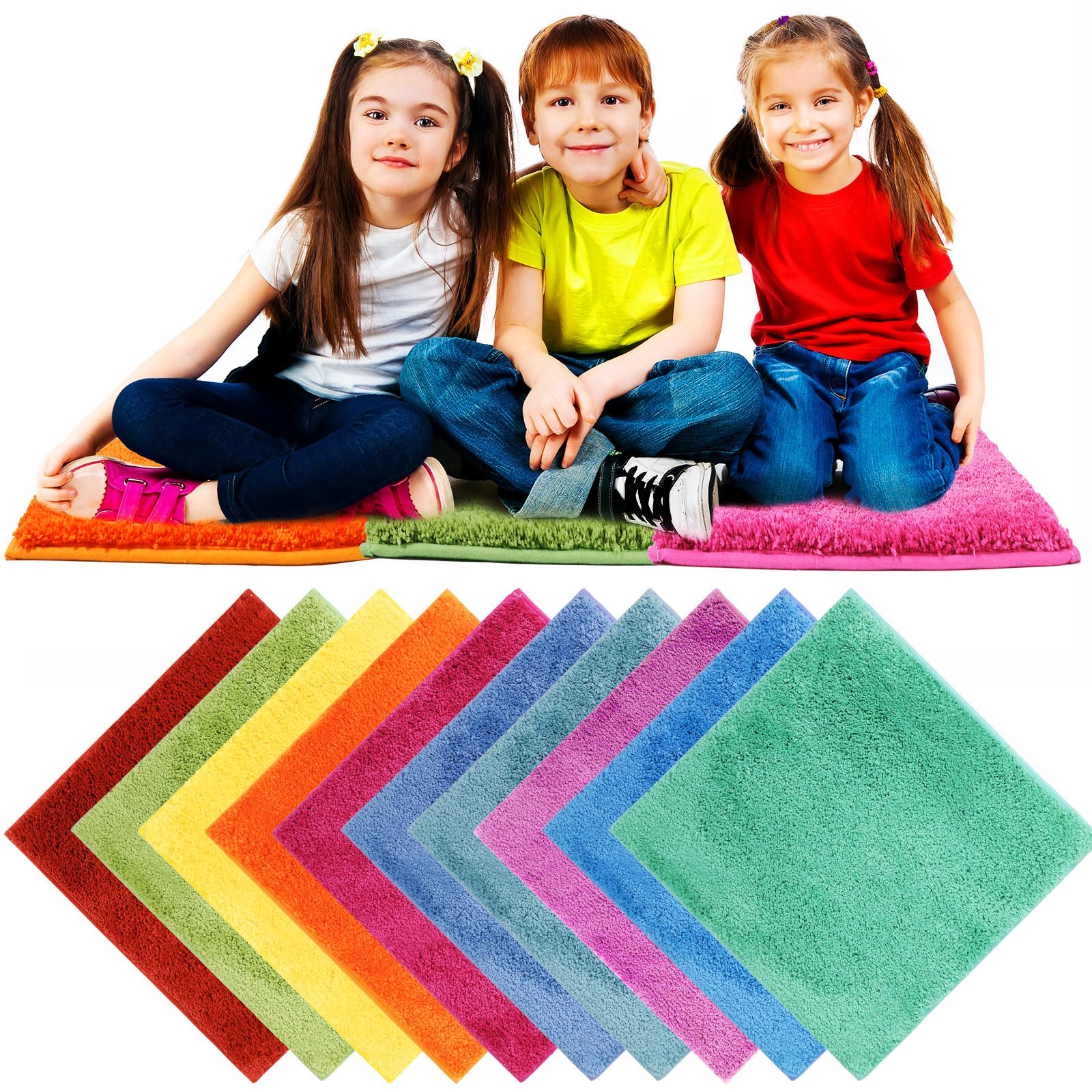 Photo 1 of 10 Pcs Kids Carpet Square Seats Soft Rainbow Floor Rug Mats Warm Colorful Hemming Floor Rug Cushions for Classroom Group Story Activity Home Play Area(18 Inch,Multi Color)