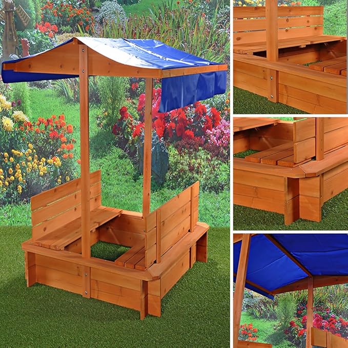 Melko® Sandkasten Sandkiste Sandbox mit 2 Sitzbänken und Dach in blau aus Fichtenholz für Kinder, Natur, 120 x 120 x 120 cm