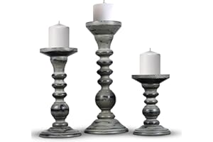 Mela Artisans Greywashed Hand Carved Wooden Pillar Candle Holders - Set of 3 | Dali Decorative Style | Crafted from Mango Wood | Rustic Table Centerpiece Decor | Sized 6", 9" and 12"