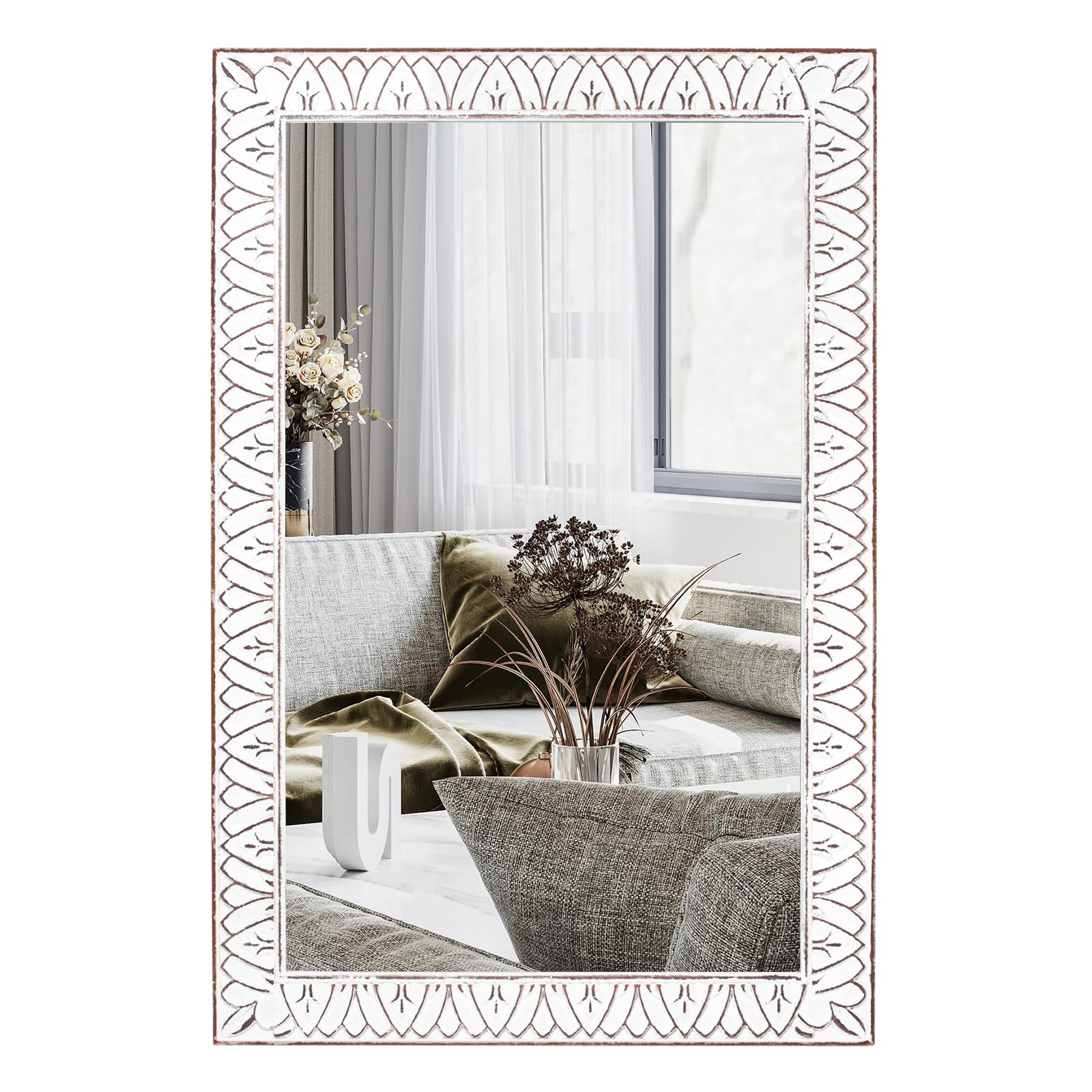 Photo 1 of XGGJWW 36x24 Inch Farmhouse Rectangle Wooden Wall Mirrors, Rustic Decorative Rectangular Mirror for Living Room, Bedroom, Bathroom, Entryway - Vertical/Horizontal Hanging