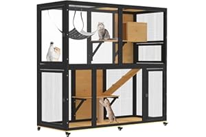 TRYKERPET Catio Indoor Cat Enclosure on Wheels, 2-Tier Large Cat Catio for Multiple Cats, Wooden Kitty Cage with Resting Box, Platform, Sunshine Roof, Black and Yellow