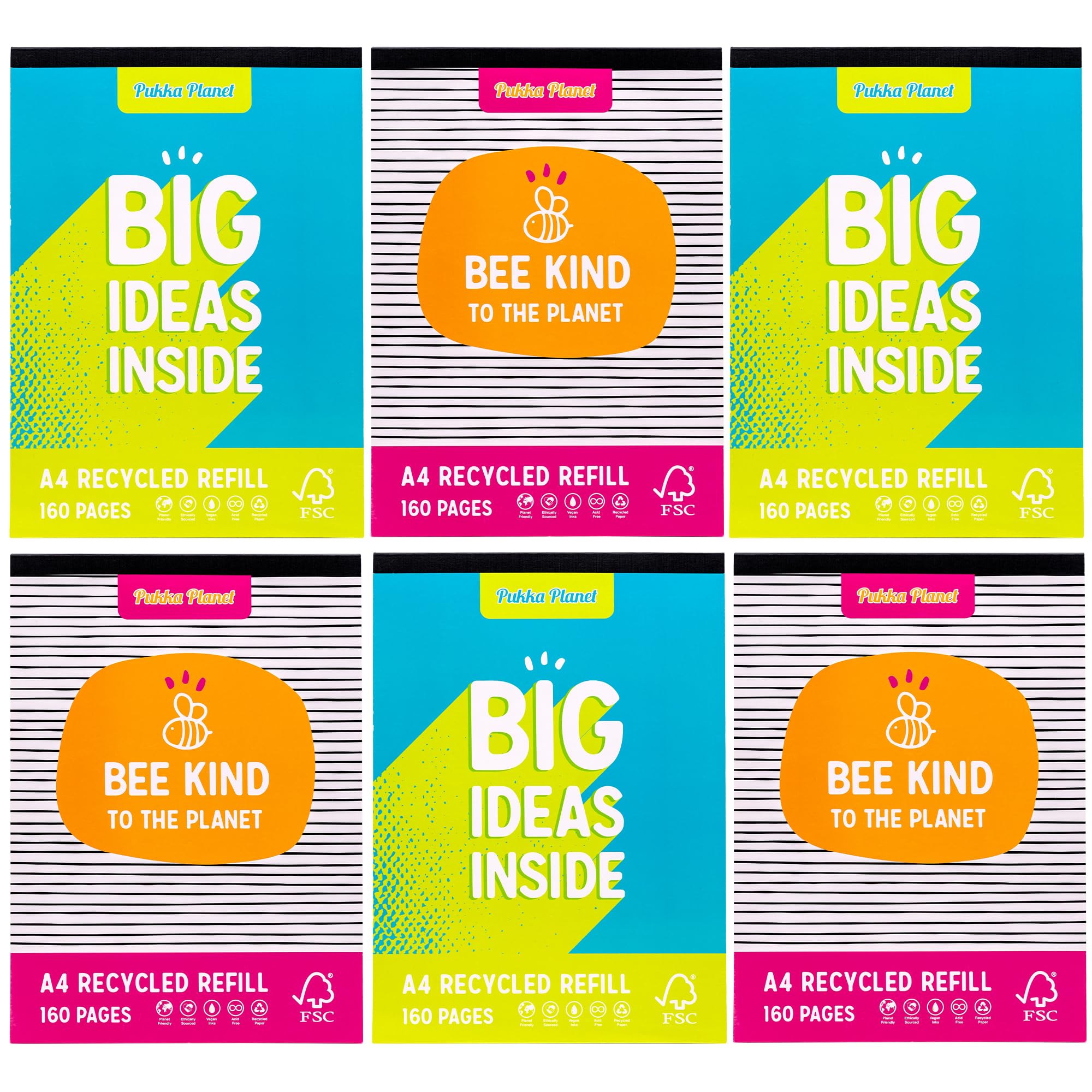 Pukka Planet A4 Refill Pad – Pack of 6 in 2 Assorted Designs – Tape Head-Bound Notepads for Easy Tear-Out with 160 Pages, 80 Sheets of 60GSM Lined FSC Paper, Margins, & 4-Hole Punch – Fully Recyclable