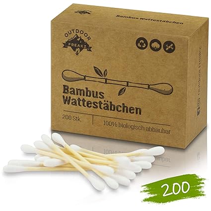 Bambus Wattestäbchen (200) Vegan & Nachhaltig, 100% Biologisch Abbaubar, Kompostierbar - Plastikfreie Zero Waste Produkte