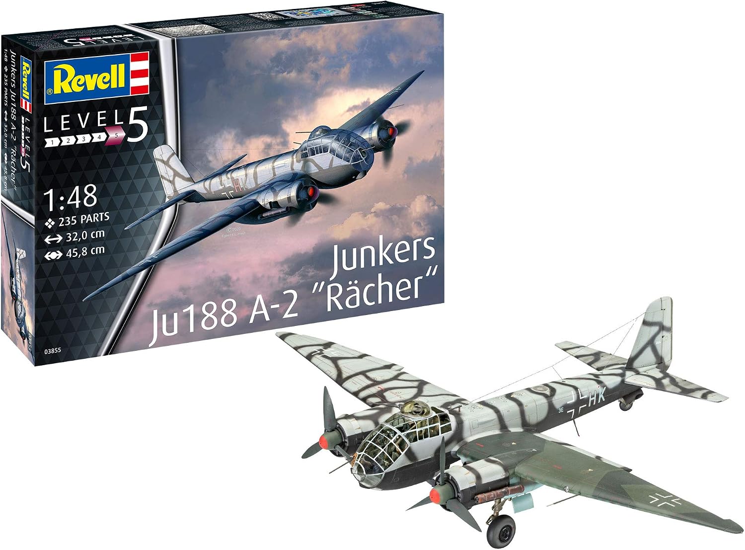 Revell 03855 Junkers Ju188 A-2 "Rächer 1:48 Scale Unbuilt/Unpainted Plastic Model Kit, Green, Brown, Grey, 1/48