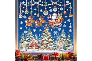 wondever Christmas Tree Santa Claus and Reindeer Window Clings Xmas Tree Snow House Snowflake Glass Sticker Decal Anti Collis