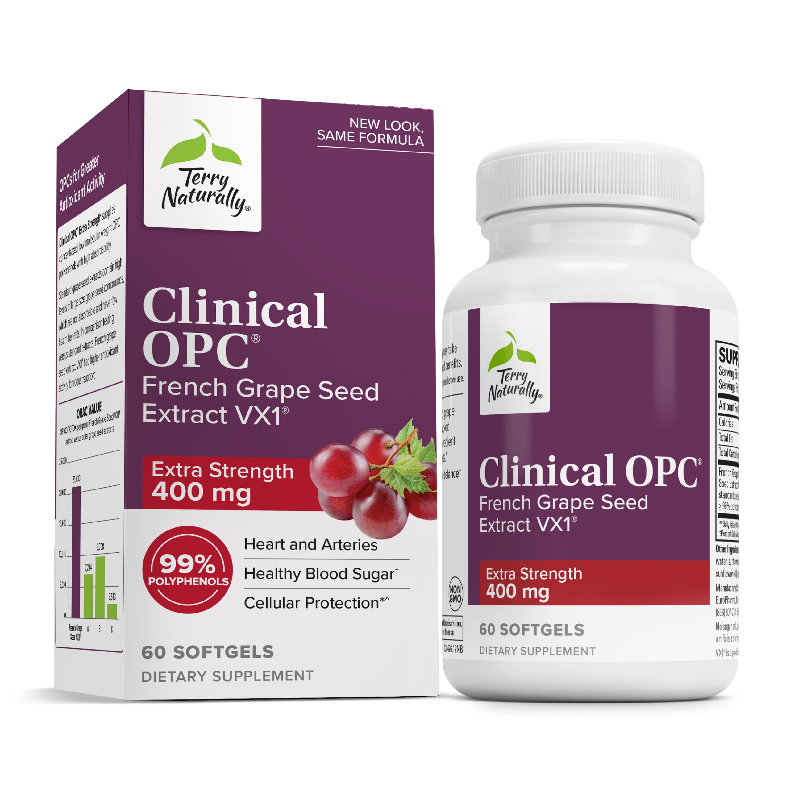 Terry Naturally Clinical OPC Extra Strength - Cardiovascular Health & Focus Support - Supplement with Grape Seed Extract - Immune Support Supplement - 60 Softgels