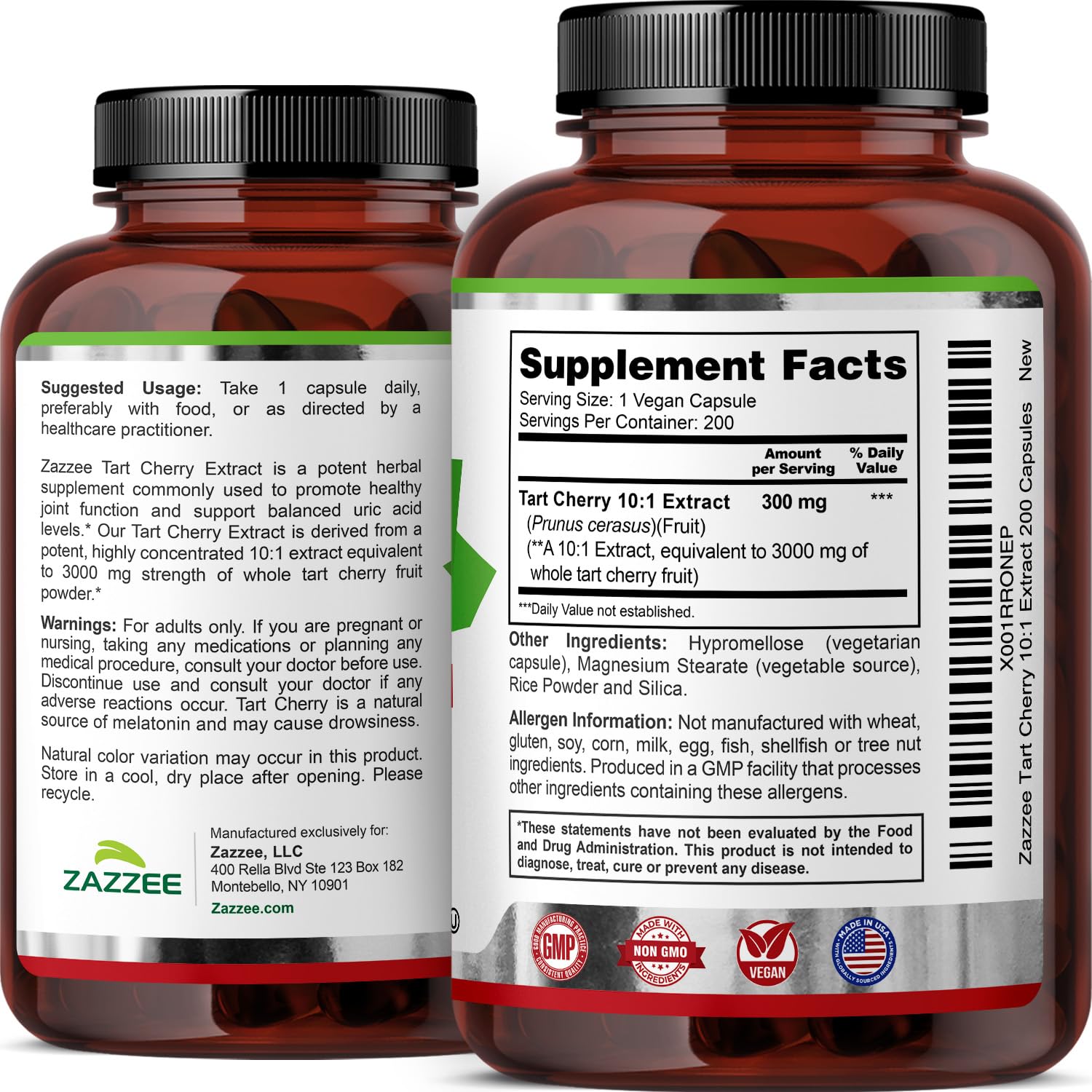 Zazzee Tart Cherry 10:1 Extract, 3000 mg Strength, 200 Vegan Capsules, 6+ Month Supply, Certified Kosher, Concentrated and Standardized 10X Extract, 100% Vegetarian, All-Natural, Gluten Free, Non-GMO