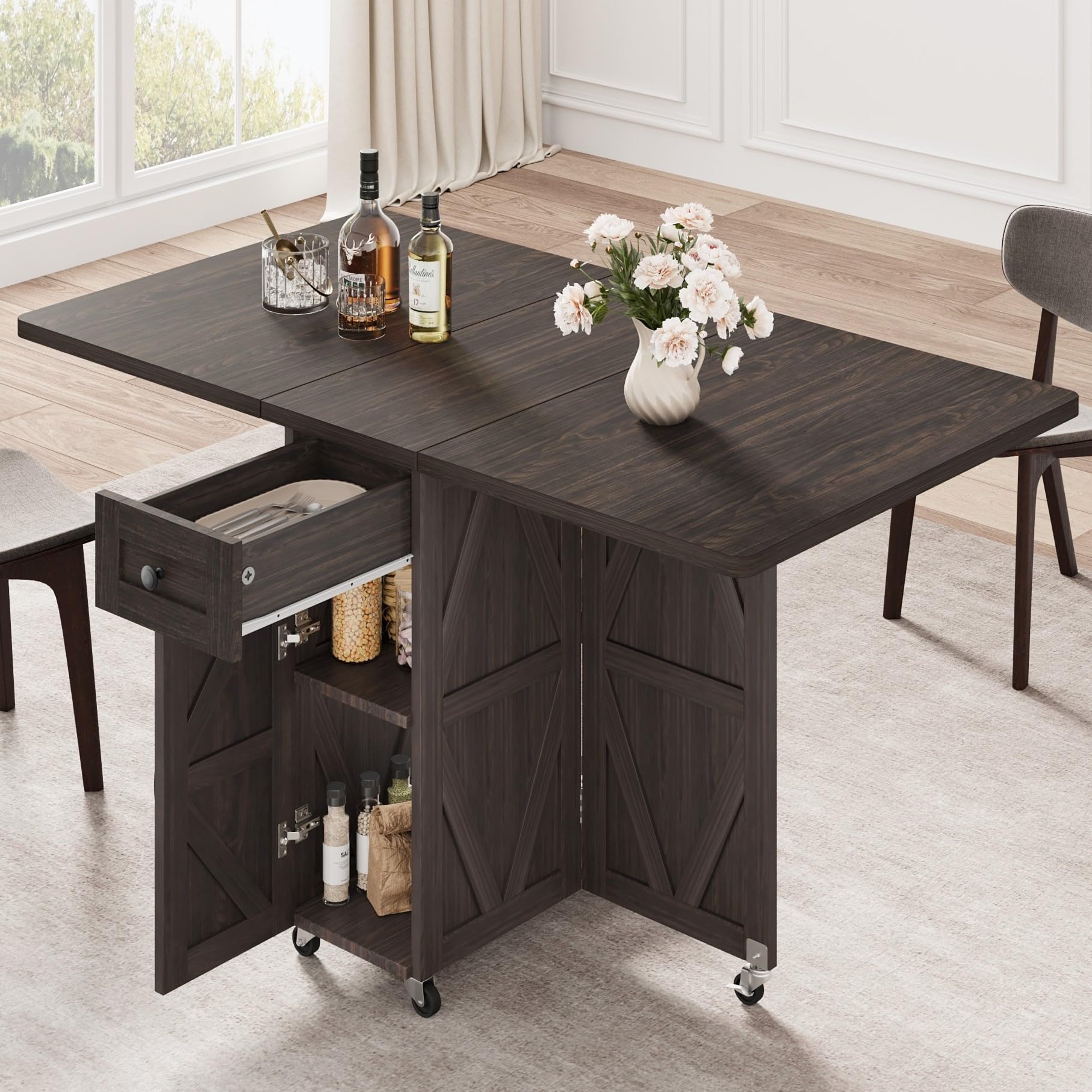 Photo 1 of Jocoevol Space Saving Folding Dining Table, Farmhouse Foldable Dining Table with Drawer and 2-Layer Storage Shelf, 6 Wheels Multipose Expandable Kitchen Drop Leaf Table for Small Space (Dark Walnut)