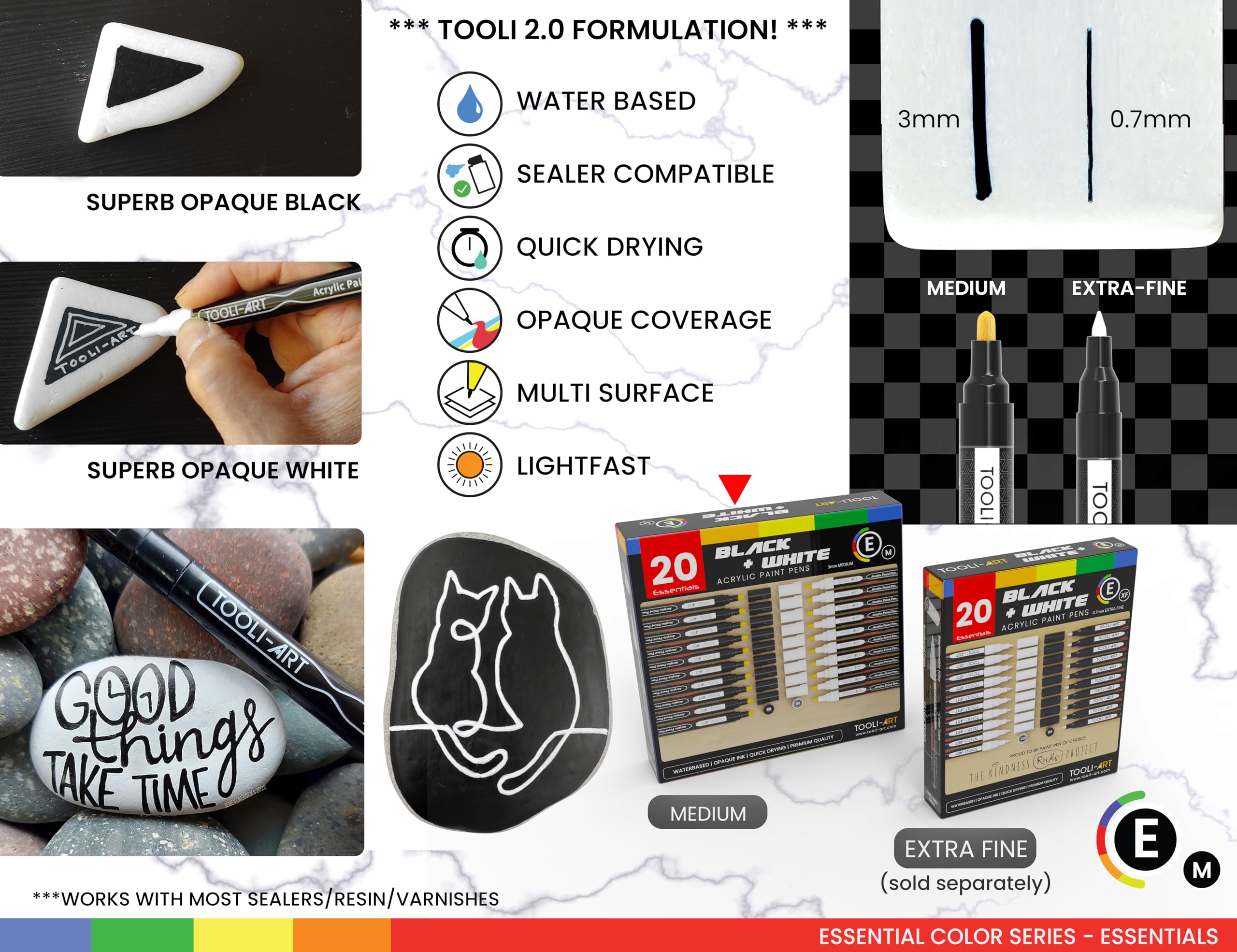 TOOLI-ART Black And White Acrylic Paint Markers Paint Pens Set For Rock Painting, Canvas, Mugs, Metal, Glass Paint, Fabric, Wood, DIY. Non Toxic, Quick Dry,Waterbas (MEDIUM)