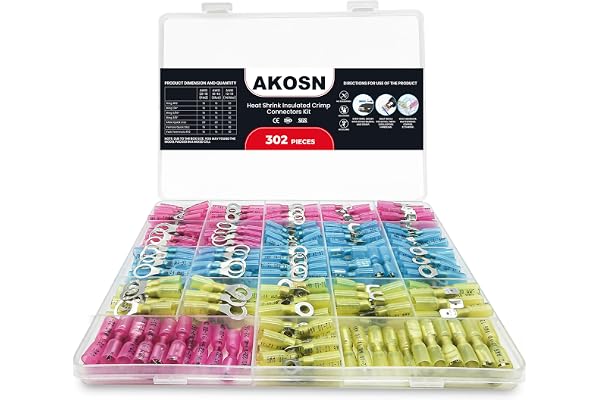 302 Pcs Electrical Crimp Wire Terminal Connectors Kit, Heat Shrink Connectors, Waterproof, Perfect for Marine, Automotive - R