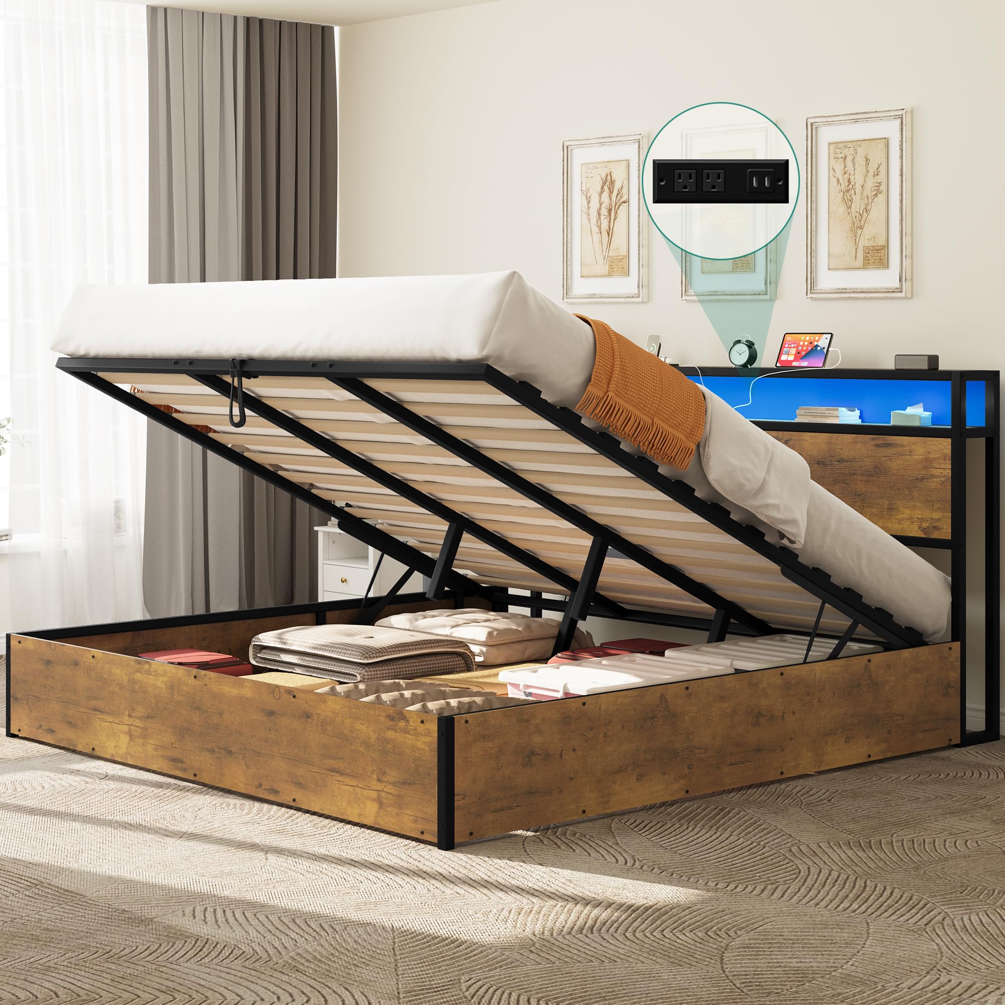 DWVO Lift-up Storage Bed Frame, King Size Bed Frame with Bookcase ...