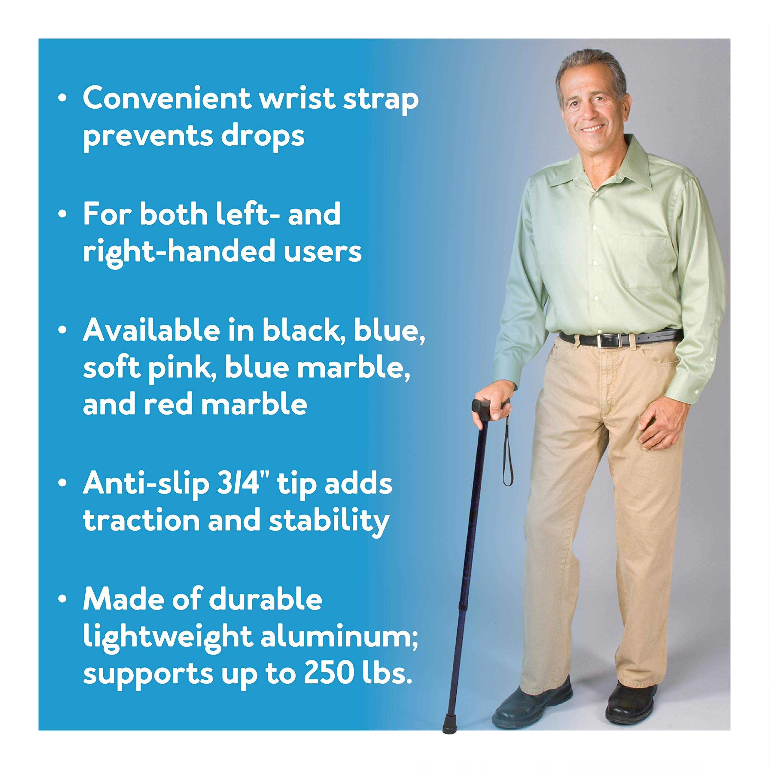 Carex Soft Grip Walking Cane with Strap, Anti-Slip Walking Cane for Easy Maneuvering, Walk Stick for Seniors & Adults with Added Support and Adjustable for Balance, Supports up to 250 lbs, Blue Marble