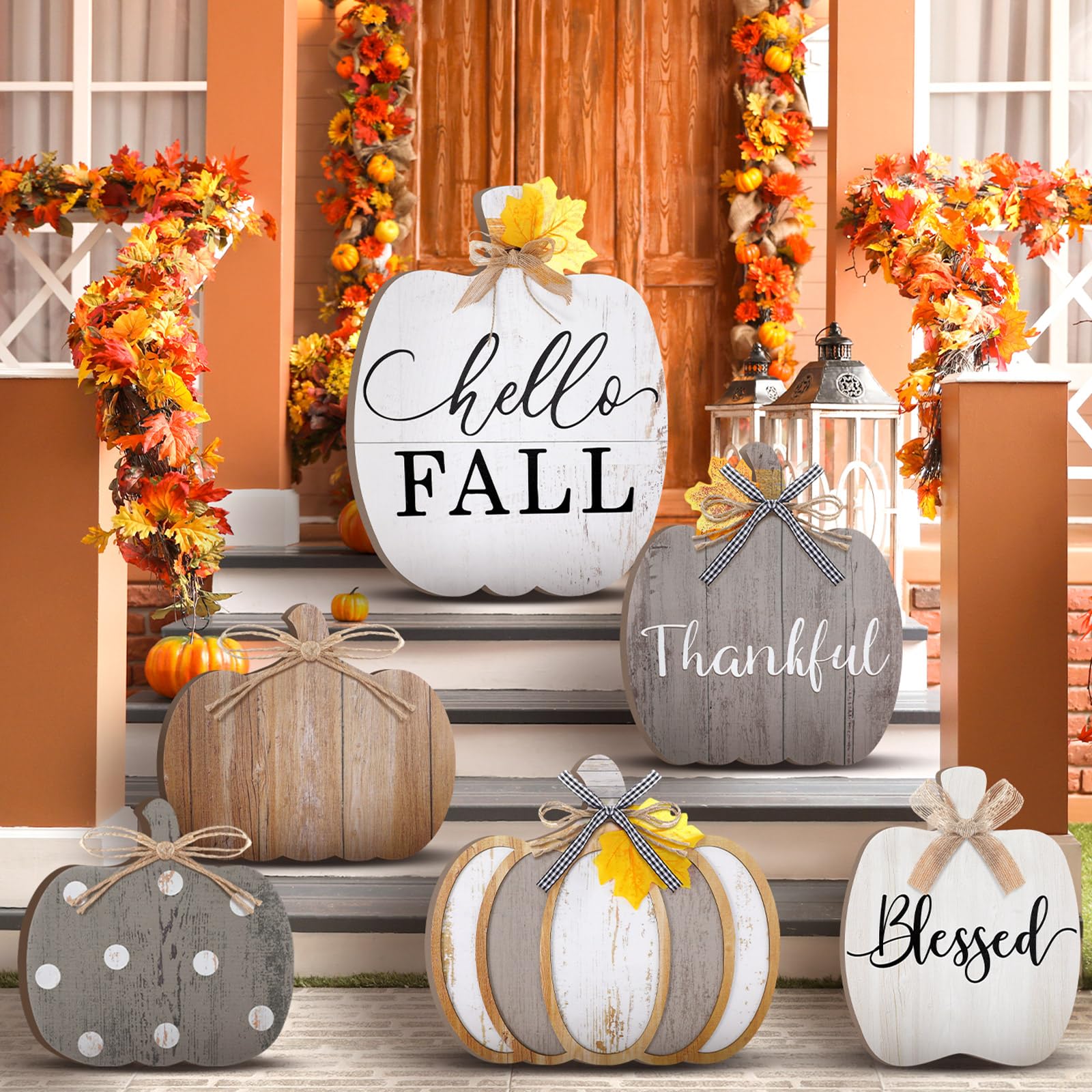 Photo 1 of Set of 6 Farmhouse Outdoor Fall Decoration for Home Pumpkin Fall Porch Signs Decoration Standings Thankful Grateful Blessed Welcome Sign Thanksgiving Decor for Front Porch Garden Party Favor(Vintage)